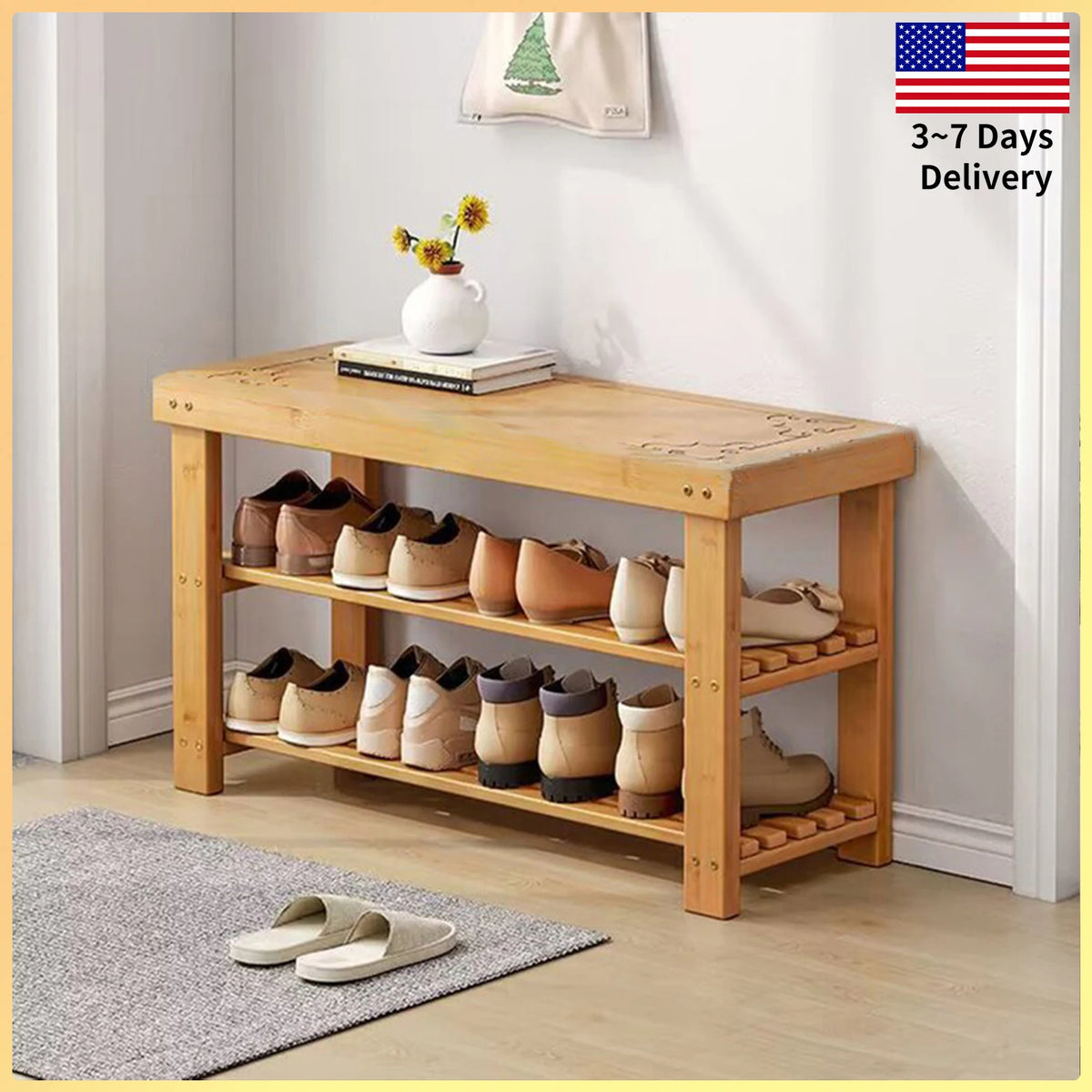 3-Tier Bamboo Shoe Rack Organizer – Modern Entryway Bench for Shoes &amp; Storage