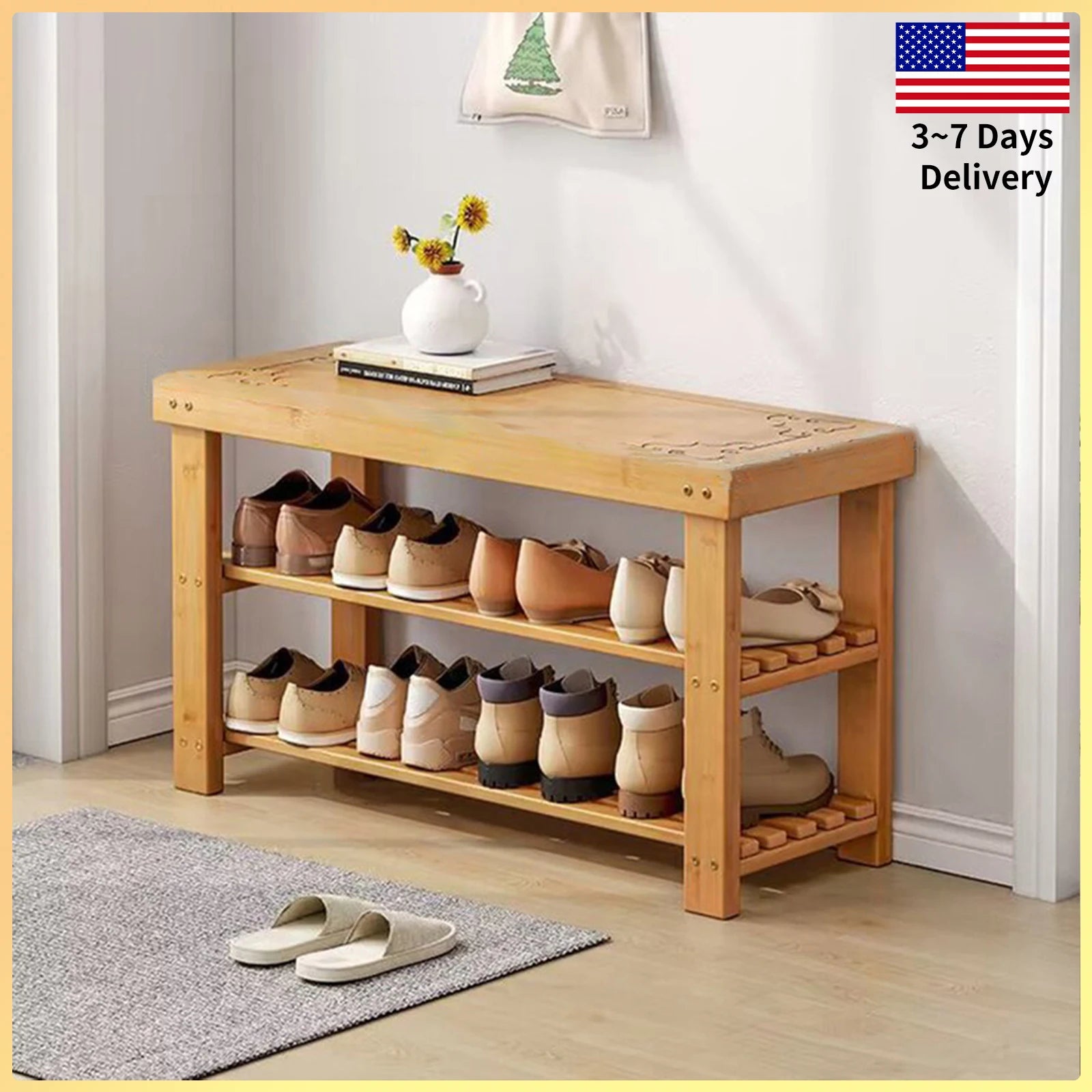 3-Tier Bamboo Shoe Rack Organizer – Modern Entryway Bench for Shoes & Storage