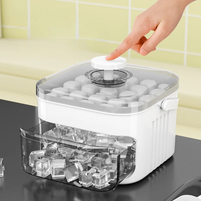 Press Ice Tray with Ice Cube Mold &amp; Storage Box – Large Capacity Ice Maker Tool (Ivory White)