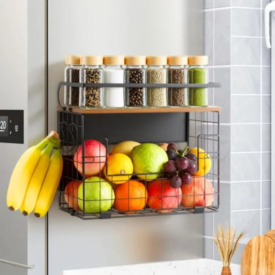 Magnetic Fridge Shelf with Wood Lid Storage Basket Bin