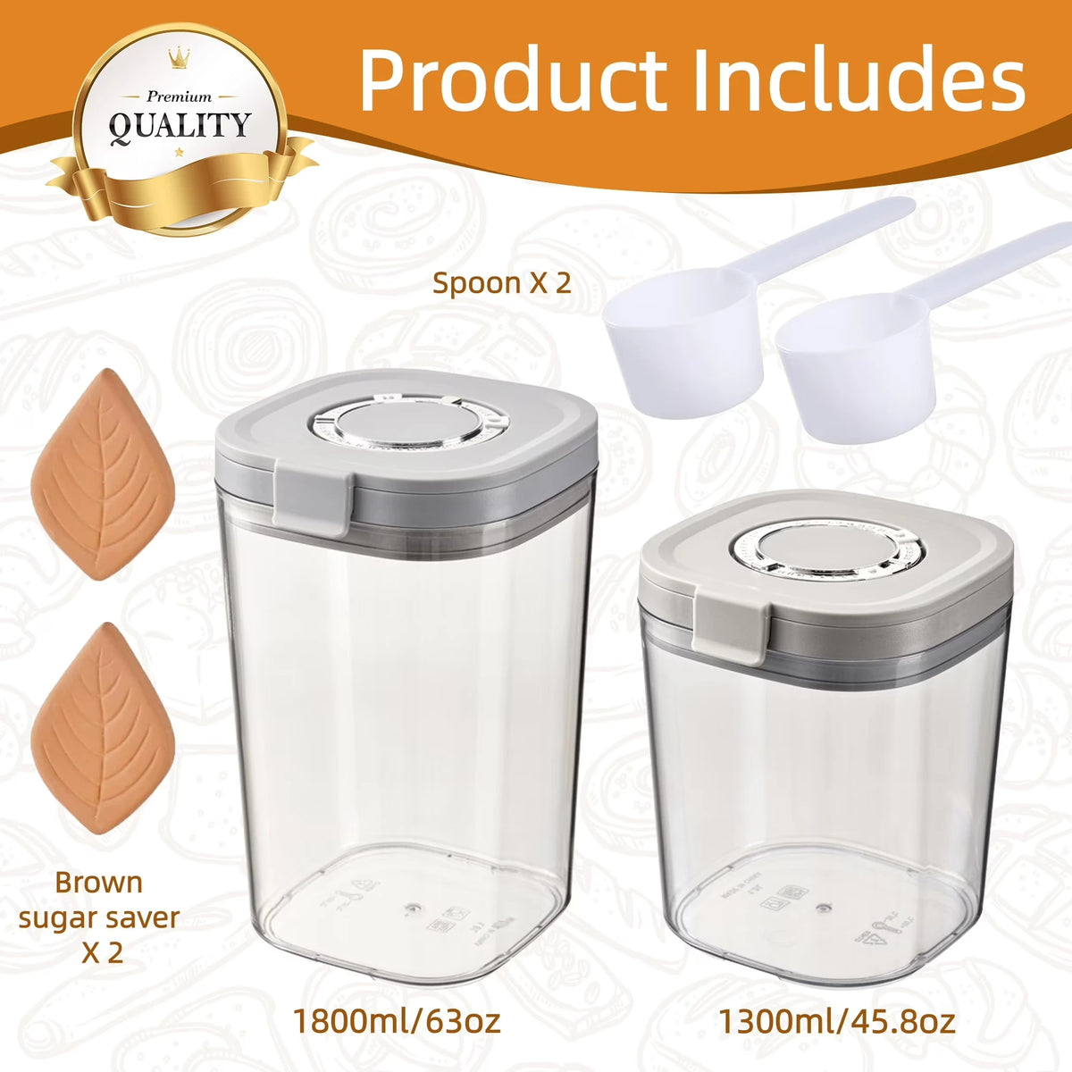 Brown Sugar Storage Canister Set, 2-Pack Airtight Glass Jars with Moisture Control Discs – 63 oz &amp; 45 oz Baking and Food Storage Containers