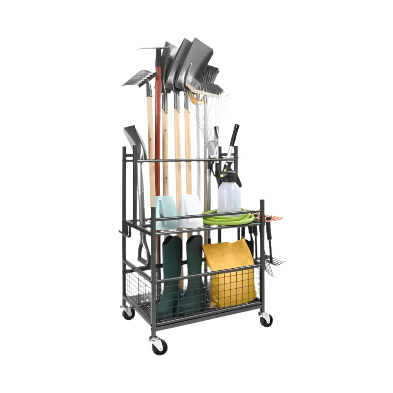 Garden Tool Organizer 16-Slot with Wheels Hooks for Garage Storage