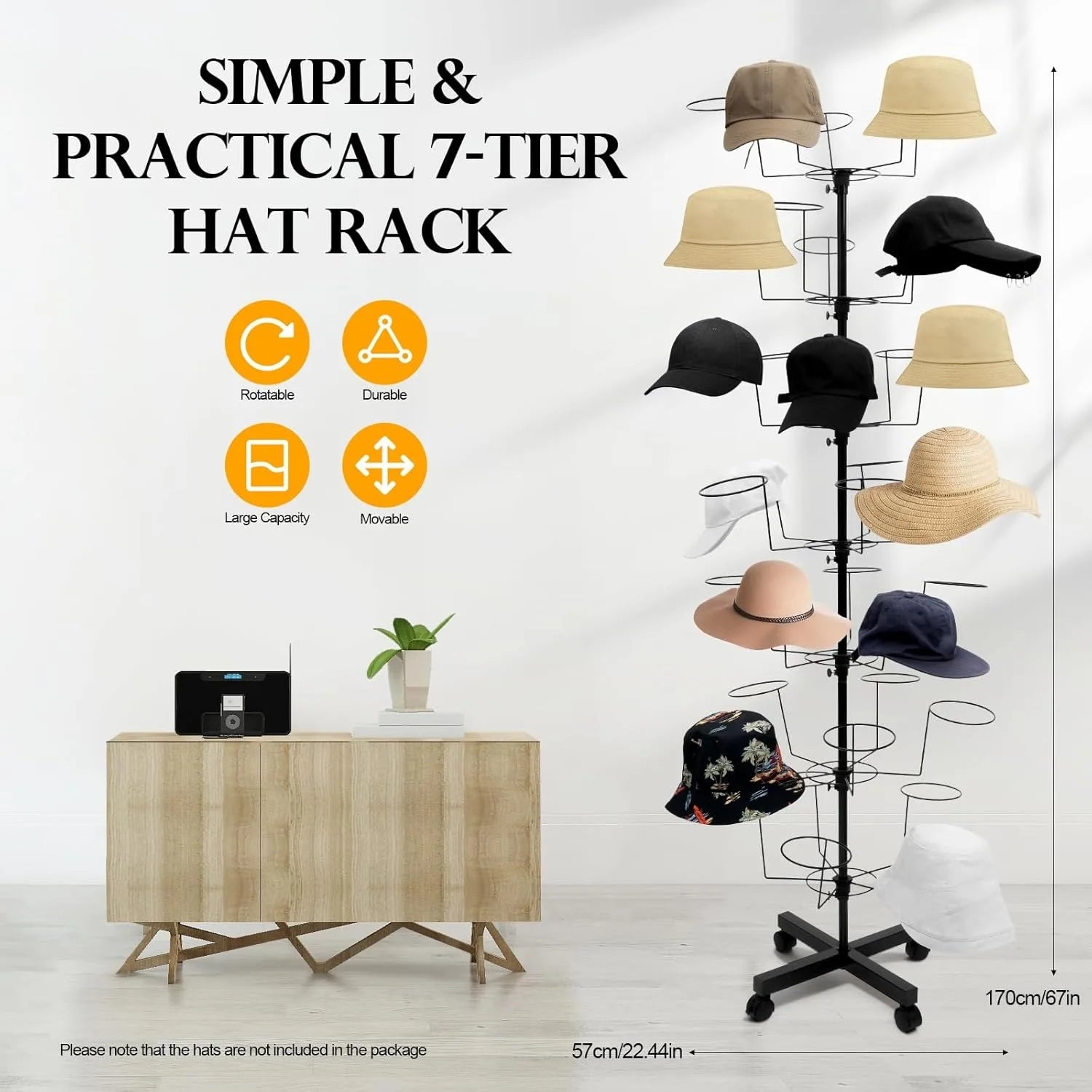 Hat Display Rack 35 Hooks Rotating 7-Tier Stand Freestanding Retail Hanger
