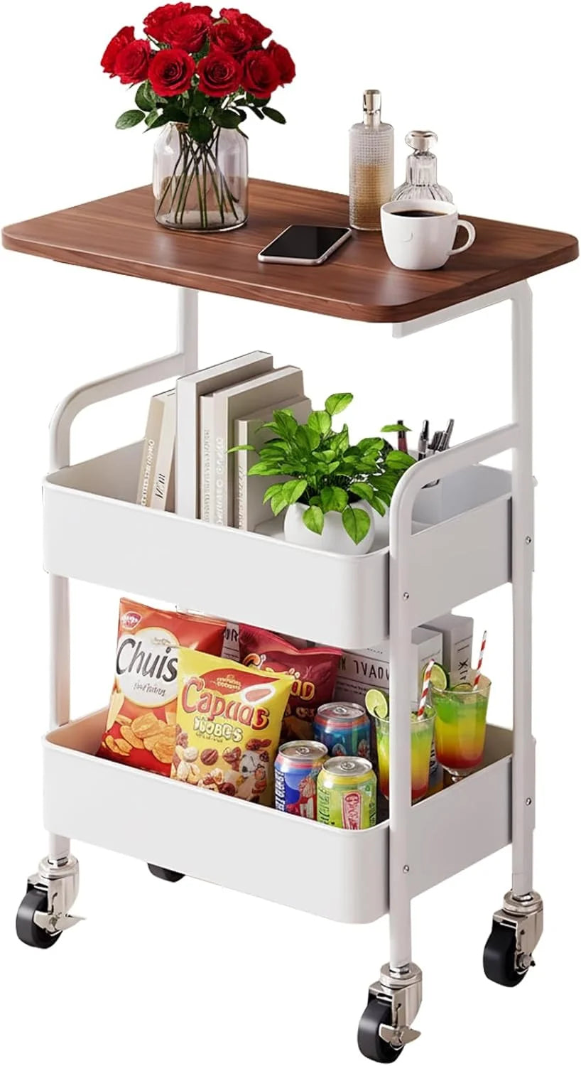 3-Tier Metal Rolling Storage Cart with Walnut Wood (White)