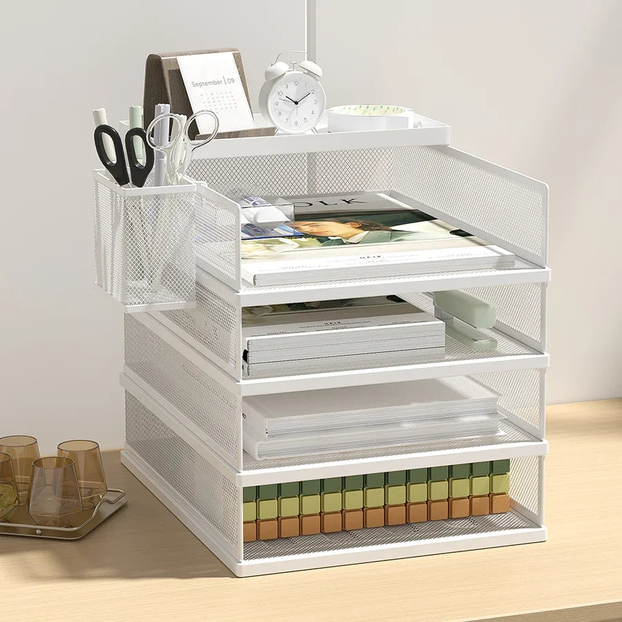 Metal Mesh Document Organizer 3-Tier A4 Filing Tray Rack for Office Desk Storage (White)