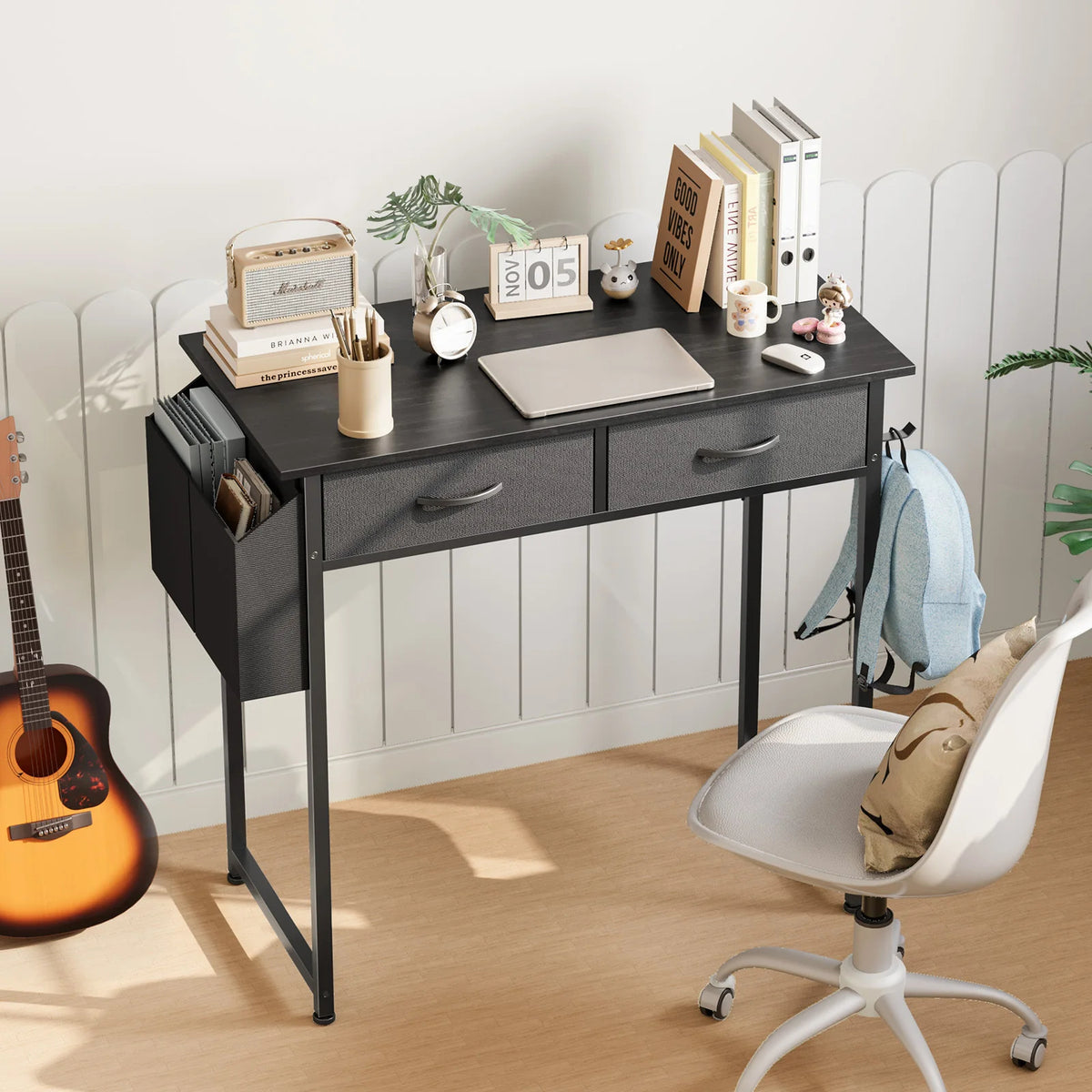 Modern Office Computer Desk with Fabric Drawers (White)