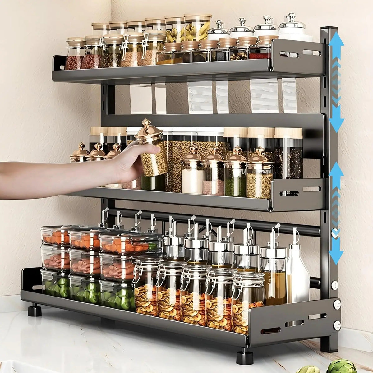 3-Tier Height-Adjustable Vertical Spice Rack: Rustproof Metal Kitchen Storage Rack