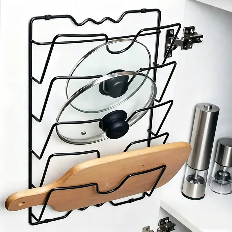 5-Tier Pot Lid Organizer Rack – Wall-Mounted Metal Kitchen Storage Holder for Pot Covers &amp; Cookware