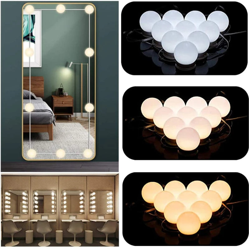 Dimmable LED Mirror Lights with USB Bathroom Lighting (3 Colors 10 Bulbs)