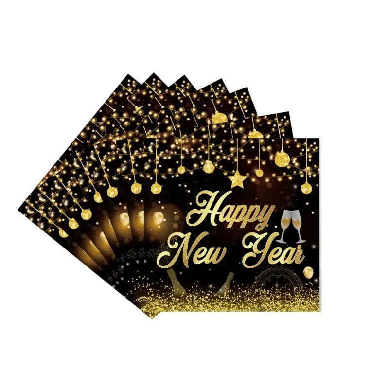 Happy New Year Paper Disposable Napkin 20PCS Black Gold