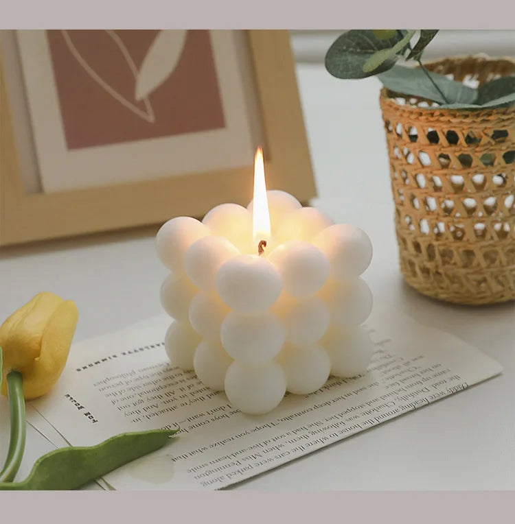 Bubble Cube Candle Handmade Scented Candle Aromatherapy Soy Wax Candle (White)