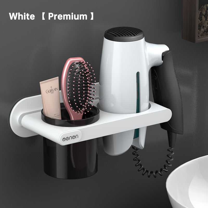 Non-Perforated Wall Mounted Hair Dryer Rack for Bathroom Storage (White Premium)