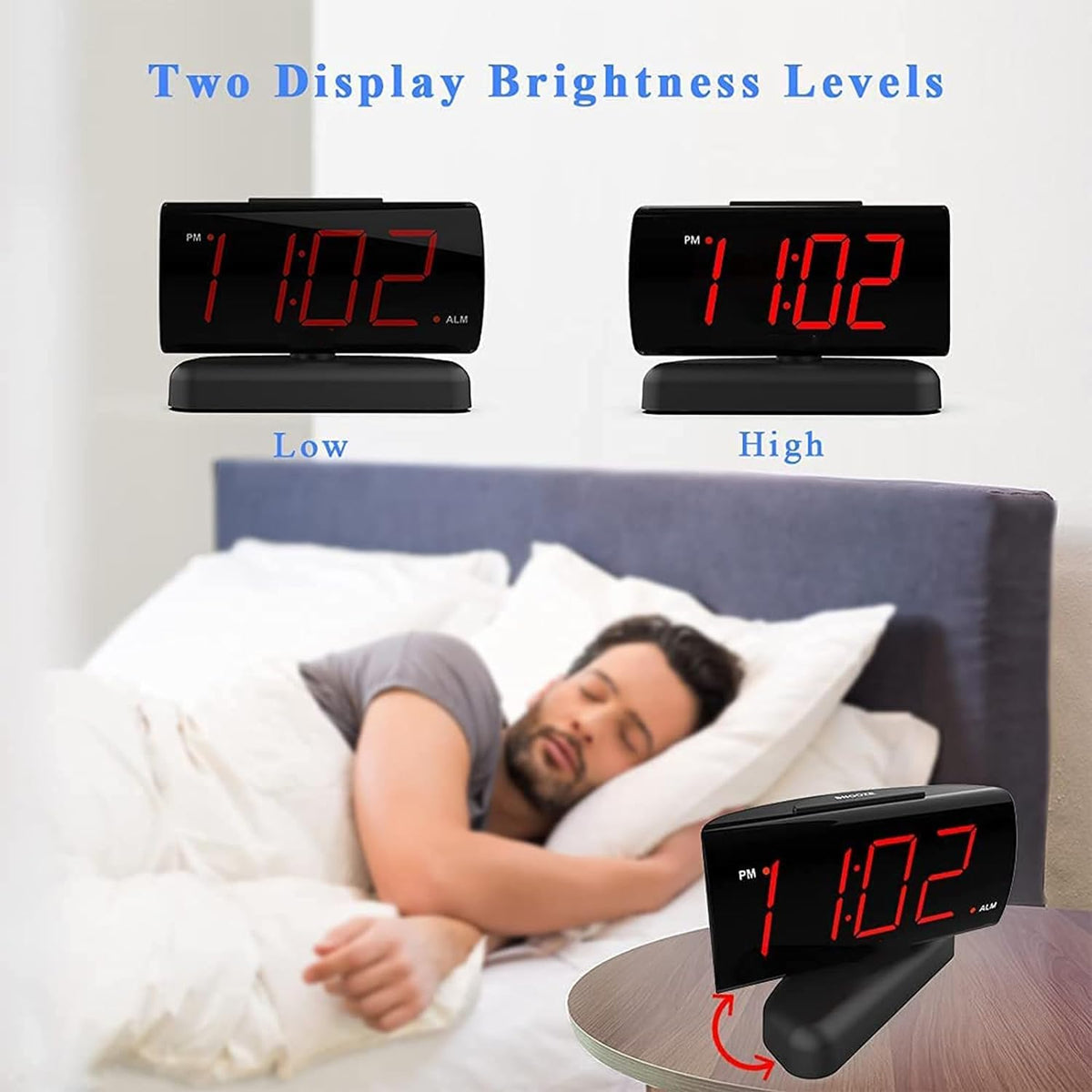 Large Digital Alarm Clock with 2-Level Adjustable Brightness (Black)