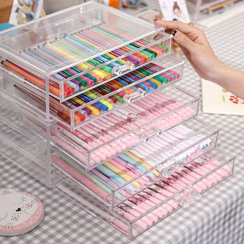 Transparent Desktop Pen Container 2 Drawers Stationery Organizer