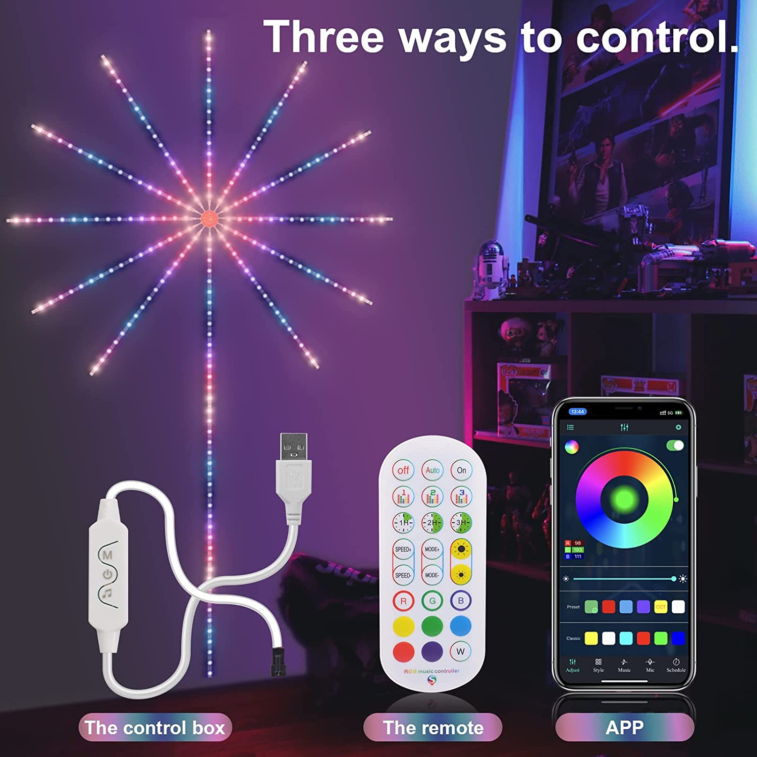 24 Color LED Fireworks Lights Bluetooth App, Music Sync for Home Decor