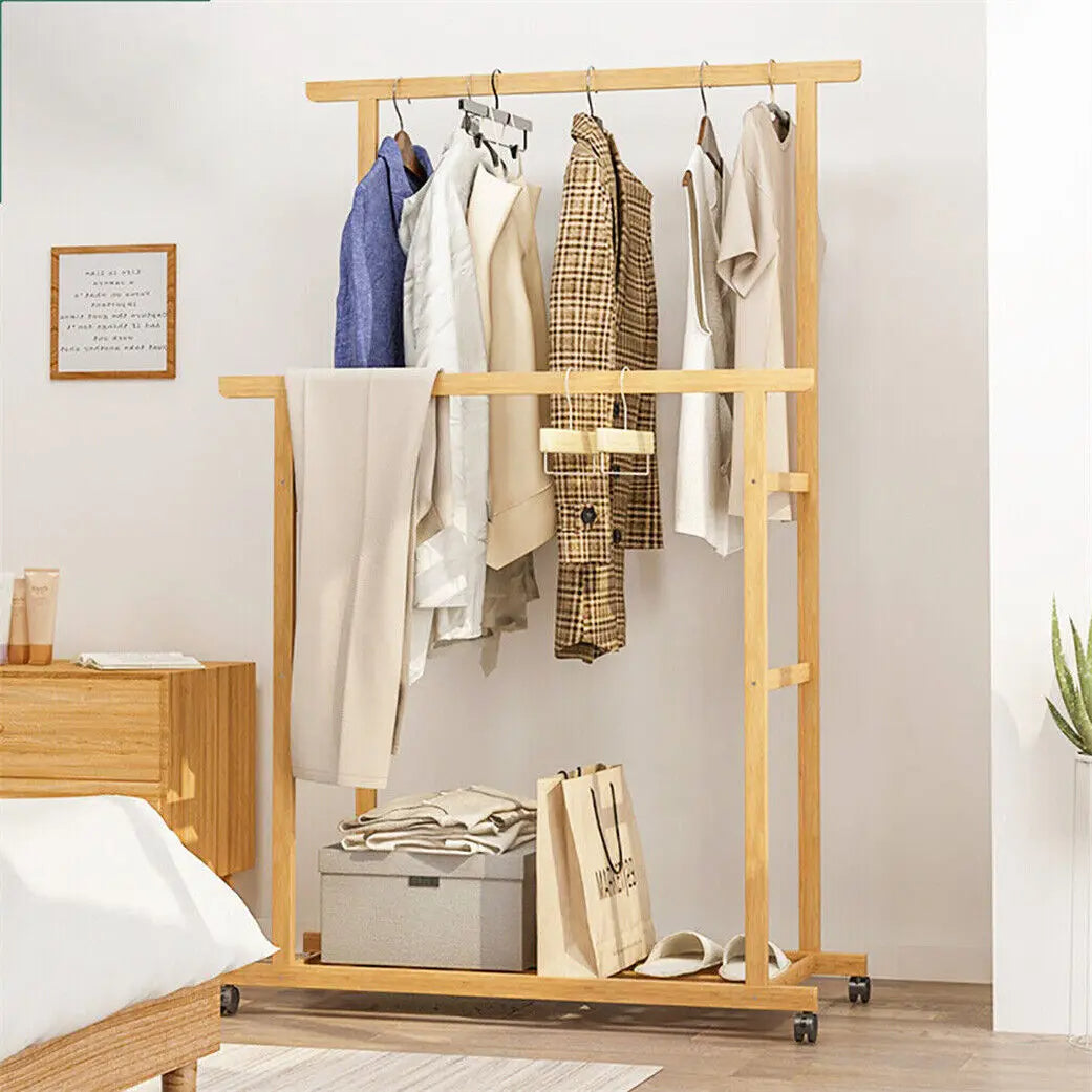 Rolling Clothes Rack Double Layer Garment Rail with Wheels