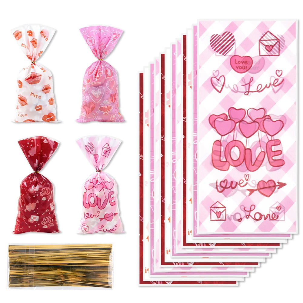 50pcs Valentines Treat Favor Bags Love Kisses Heart Design Clear Cellophane