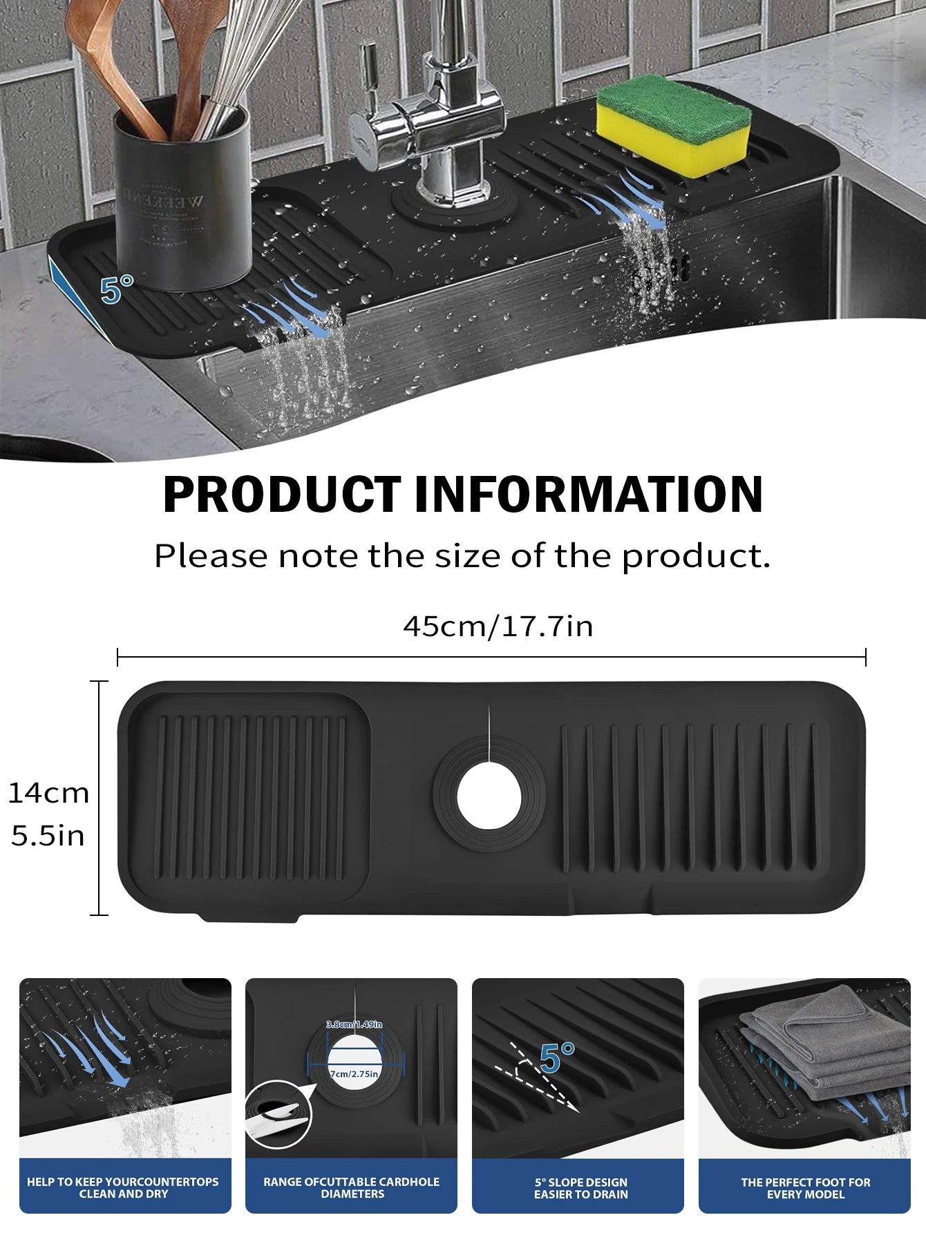 Kitchen Sink Splash Guard Silicone Mat Absorbent Faucet Protector (Black)