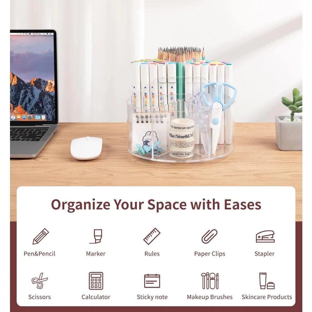 Acrylic Pen Holder &amp; Pencil Organizer 360 Degree Rotating Desk Organizer with Multiple Compartments for Markers Crayons &amp; Kids Desks