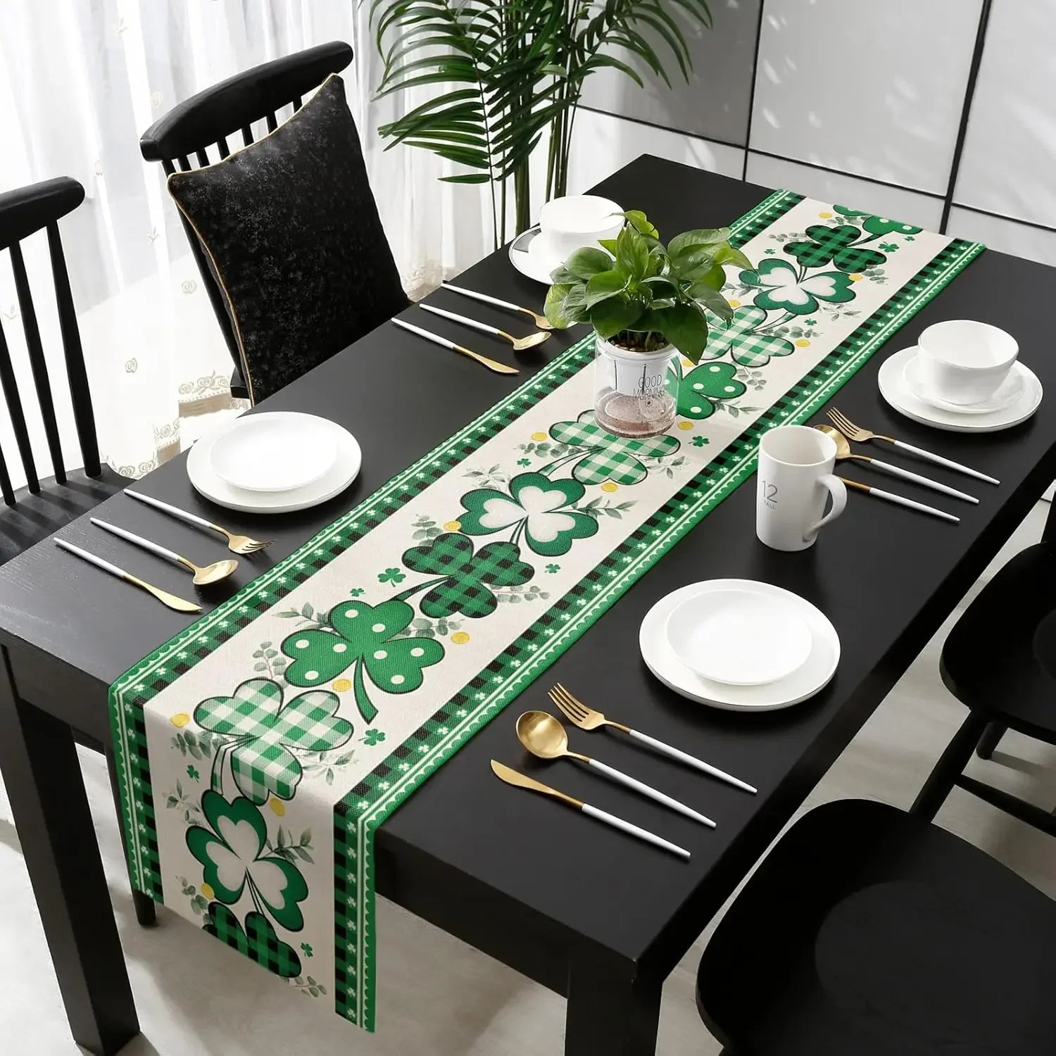 Shamrock Plaid Linen Table Runner