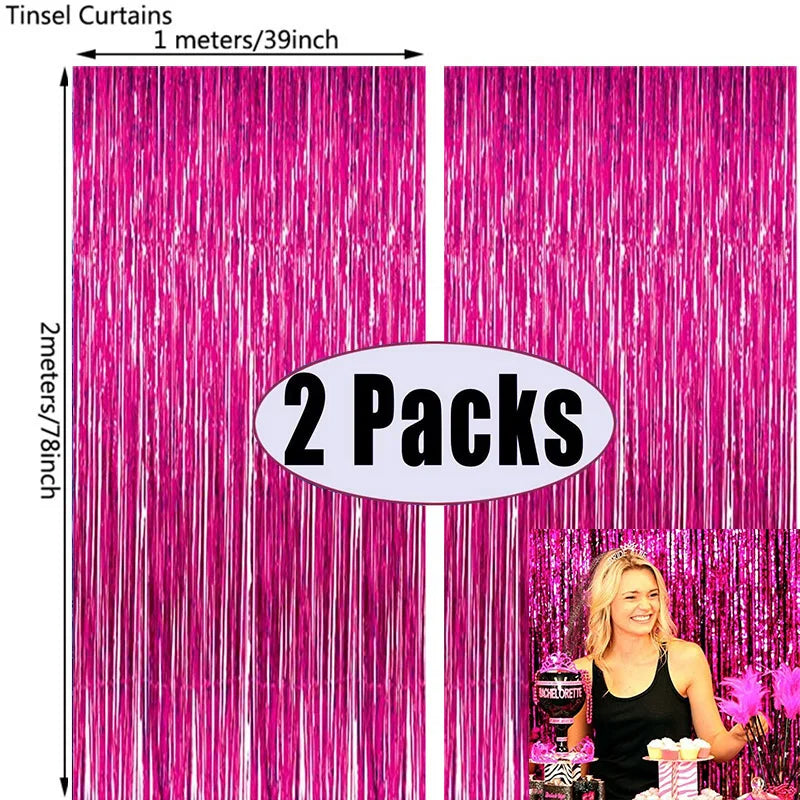 Metallic Foil Tinsel Fringe Curtain Backdrop 2 Pack, Birthday Wedding Bachelorette Party Decoration (Rose Pink)