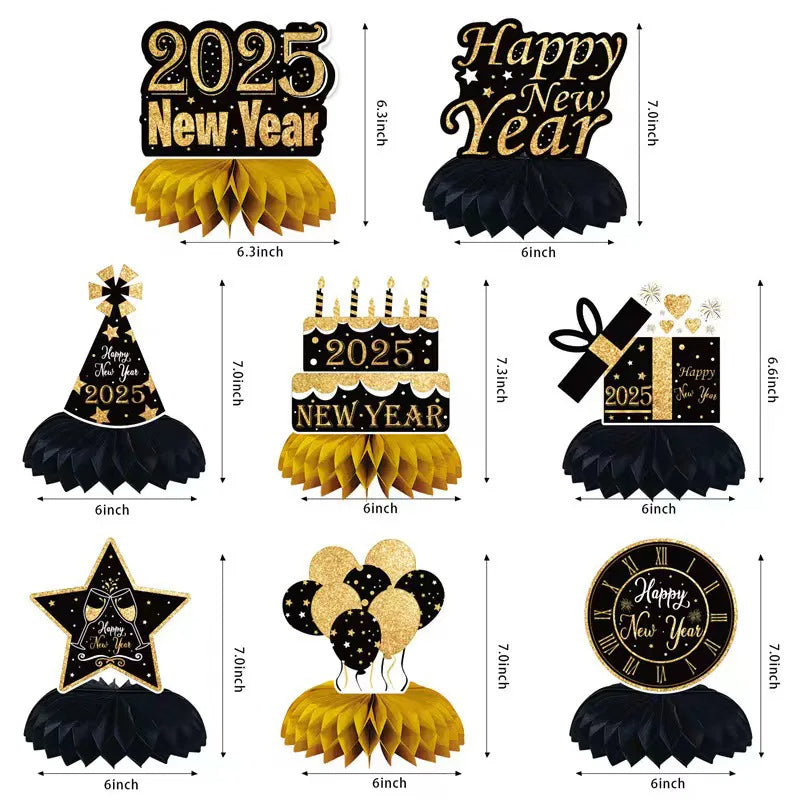 2025 Happy New Year Theme 8Pcs Desktop Honeycomb Ornaments