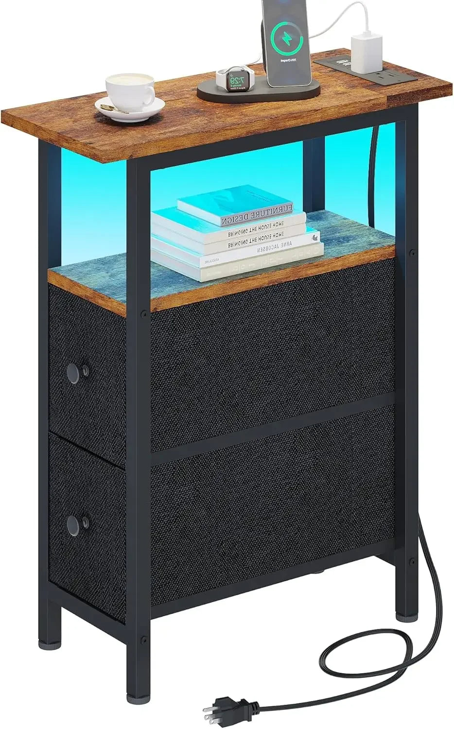 Slim Bedside Table with 2 Fabric Drawers for Living Room Side Coffee Table