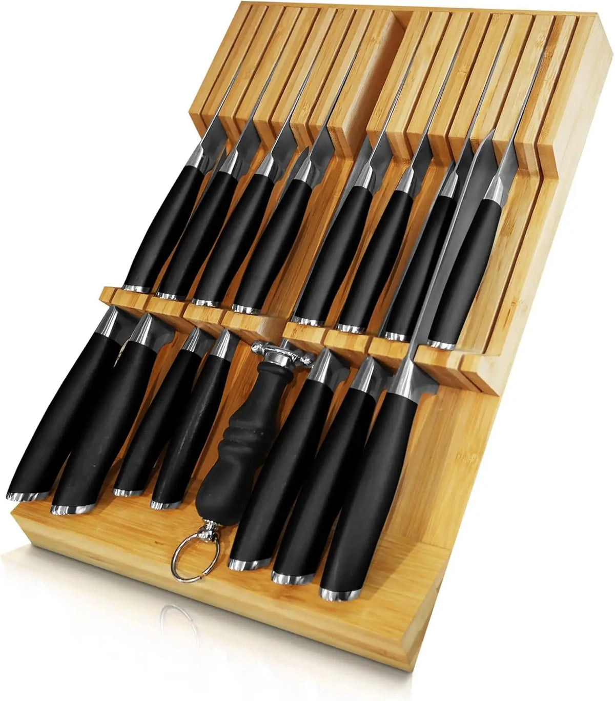 Bamboo In-Drawer Knife Organizer with Sharpener Slot