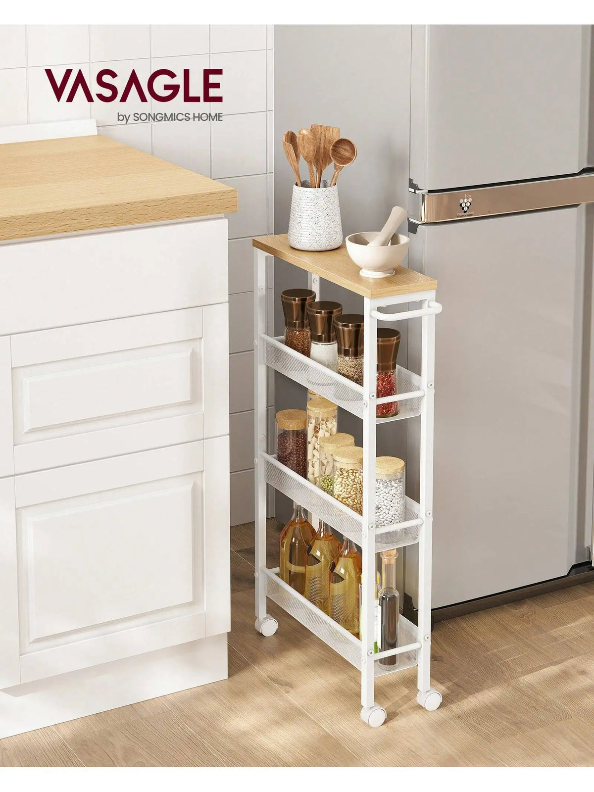 Rolling Utility Slim Cart 4-Tier for Kitchens &amp; Dining Rooms (Oak Beige)