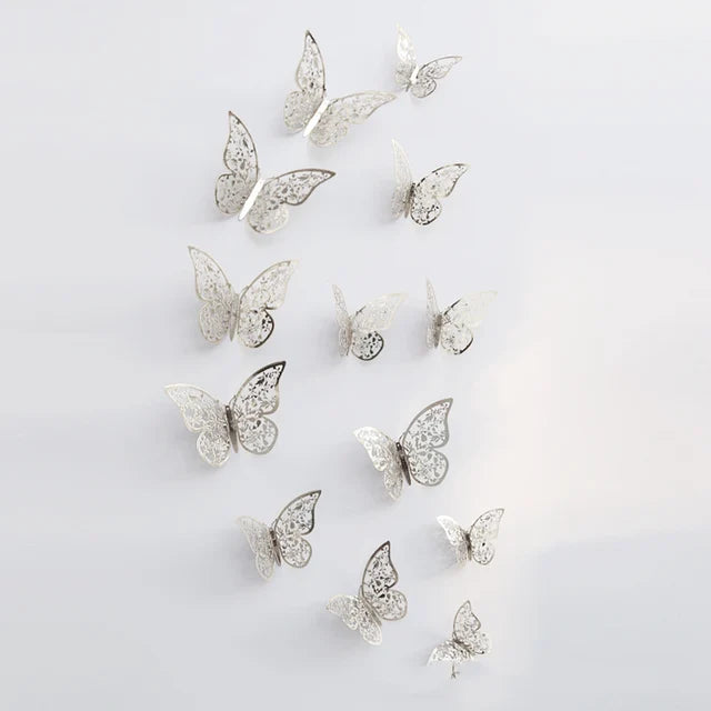 3D Butterfly Wall Stickers 12 Pack, Easy DIY for Modern Wall Decor (Silver)