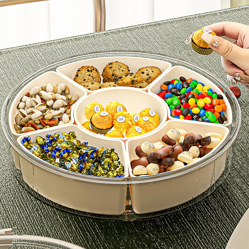 Rotating Fruit Tray with Lid & Handle 6-Grid Clear Divided Snack Box