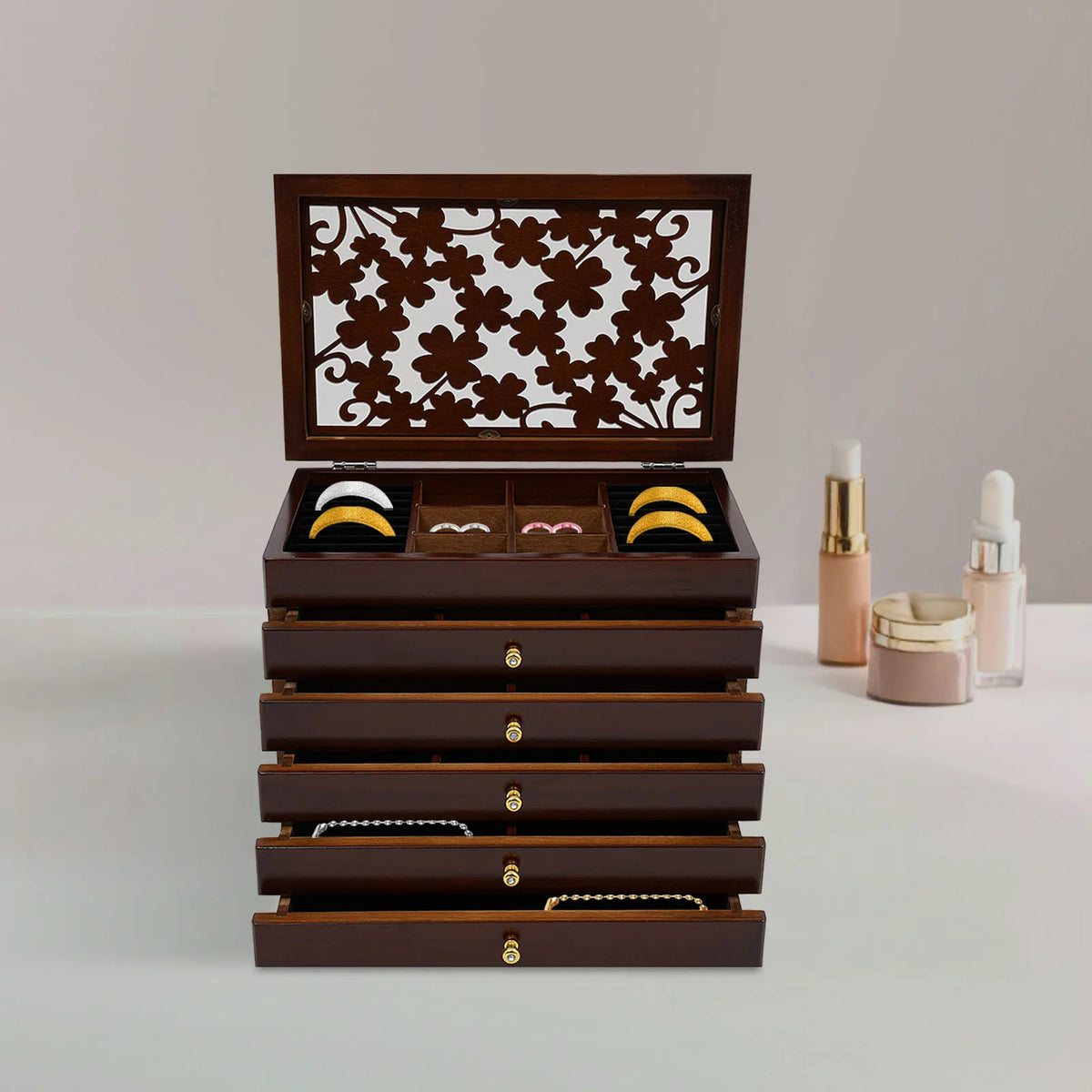 6-Tier Large Wooden Jewelry Box Organizer – Multi-Functional Drawer-Type Storage Case