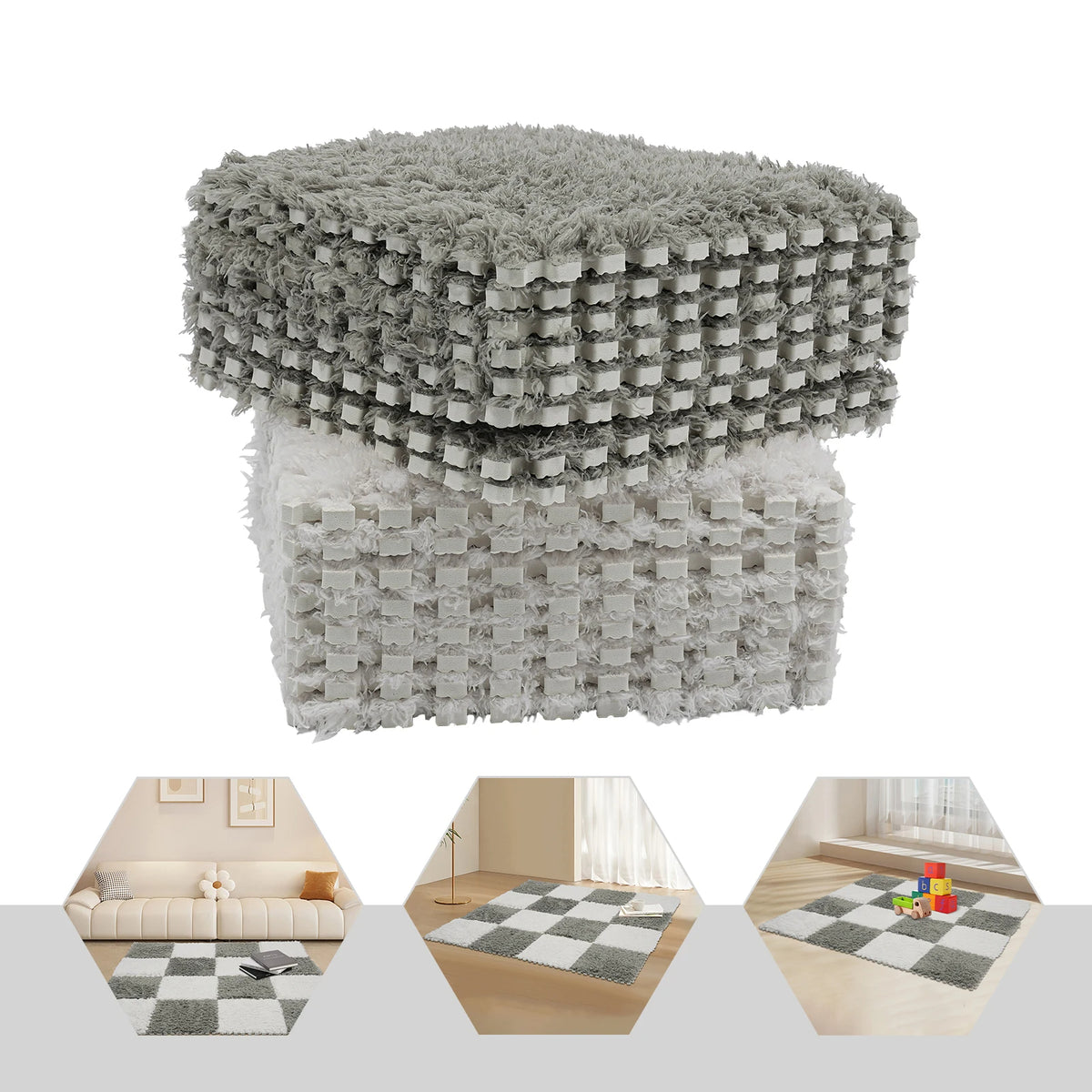Fluffy Square Rugs for Kids Room 16-Piece Set Gray &amp; White