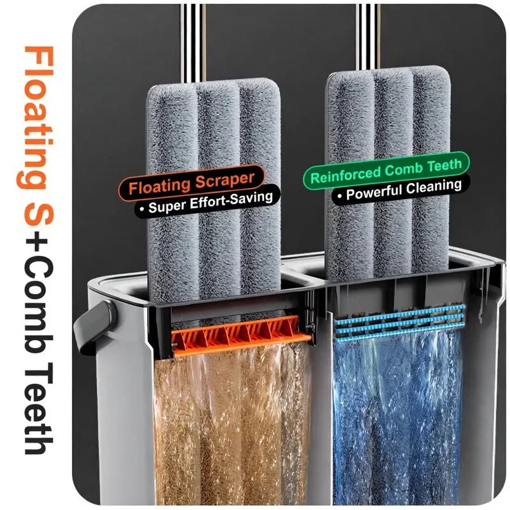 Slim Self-Wringing Flat Mop &amp; Bucket Set – Space-Saving Cleaning System with 2 Washable Microfiber Pads
