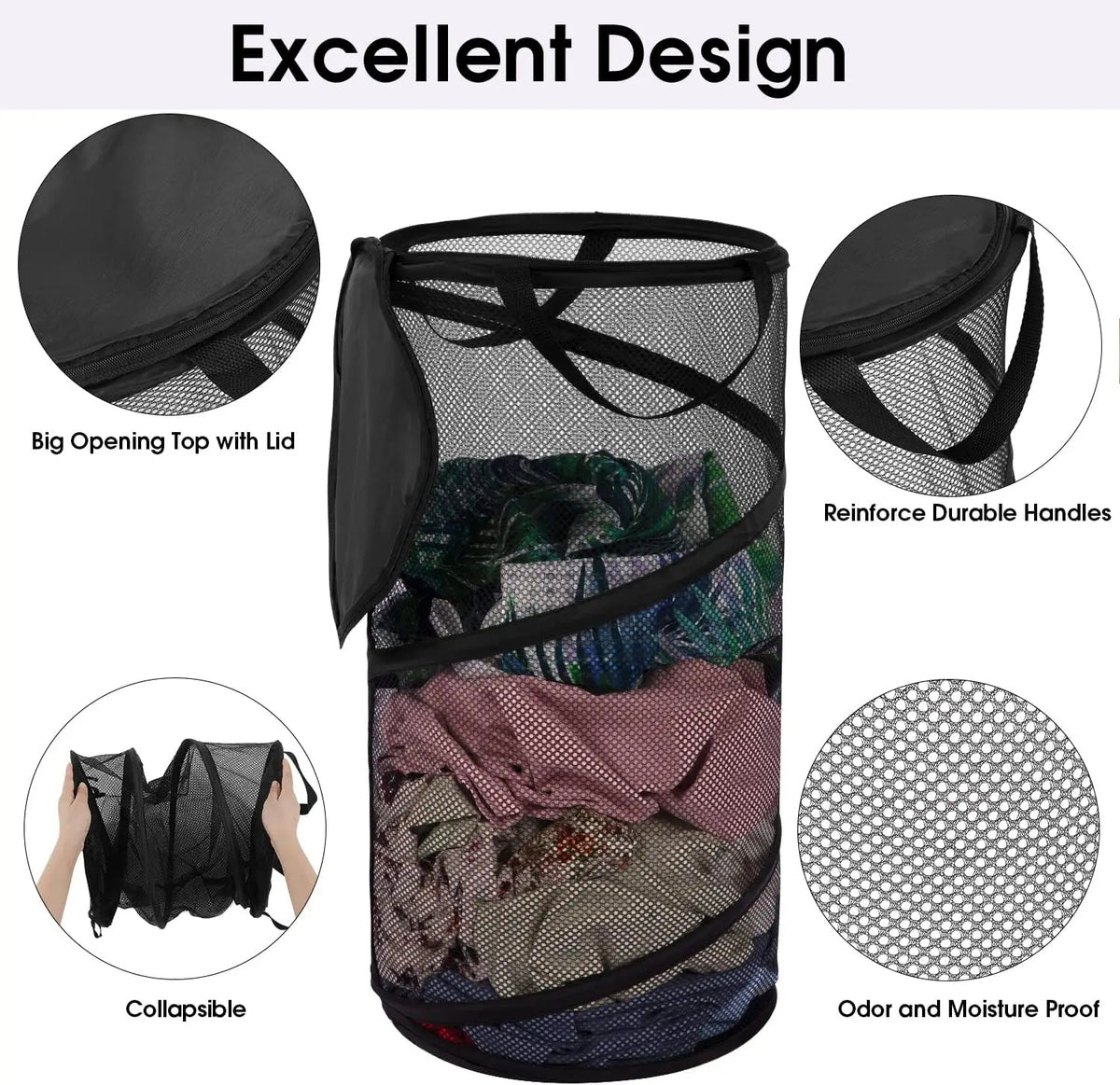 Large Foldable Laundry Basket with Lid Mesh Handles