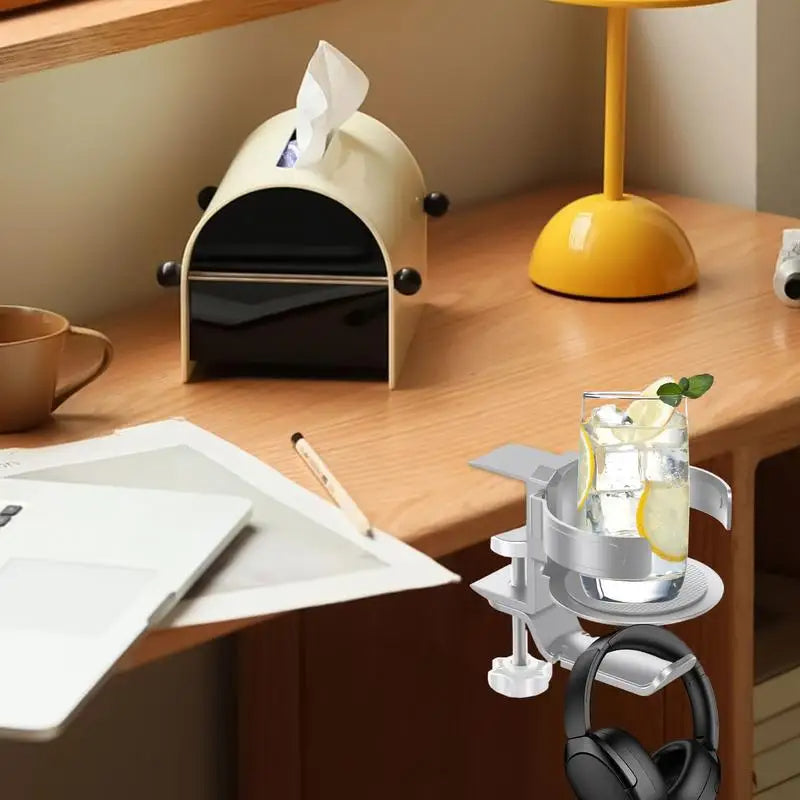 Clip-On Desk Cup Holder with Headphone Hook Rotating Game Desk Accessory (Black)