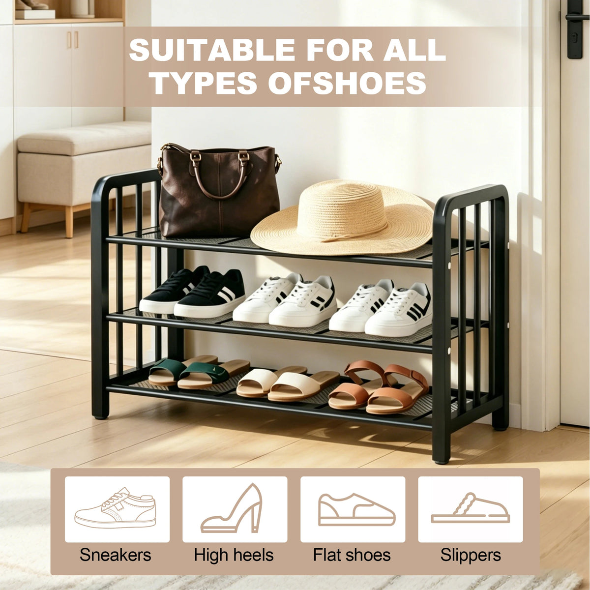 3-Tier Carbon Steel Shoe Rack – Freestanding Shoe Storage Organizer &amp; Space-Saving Shelf for Entryway