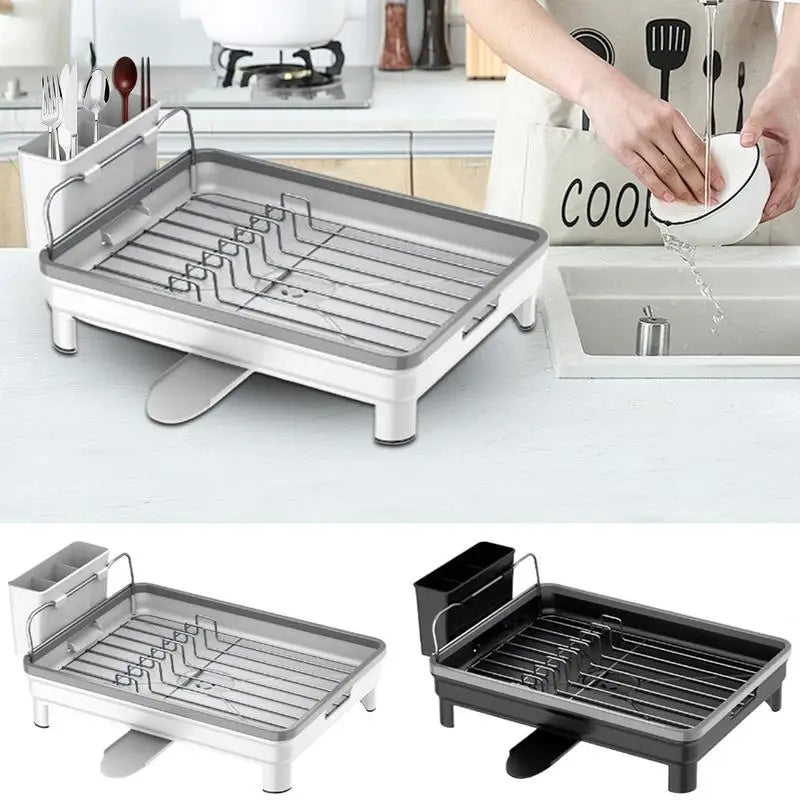 Stainless Steel Dish Drying Rack Countertop Kitchen Organizer with Drip Tray (White)