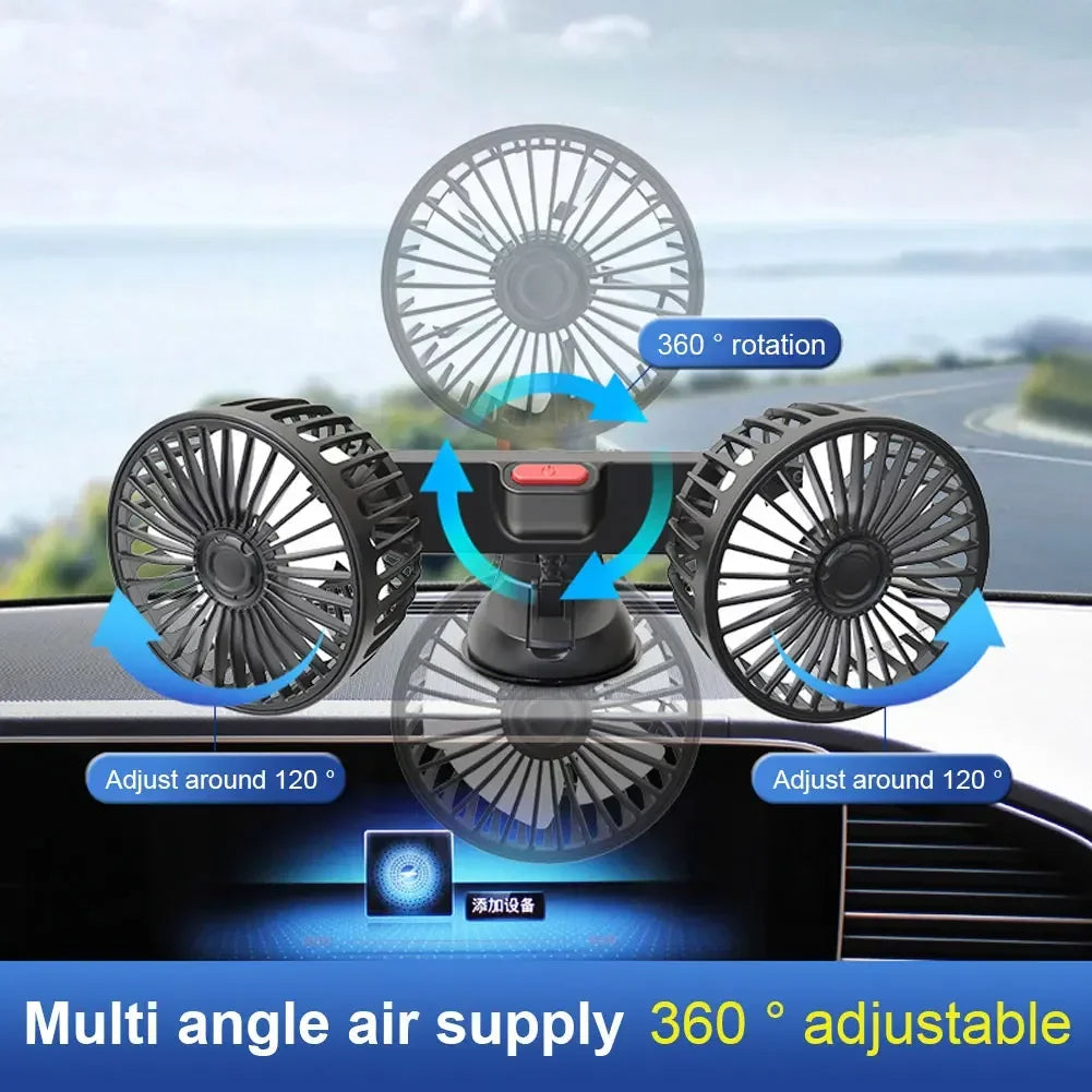 Portable USB Car Fan with Dual Heads 360° Rotation 3 Speeds