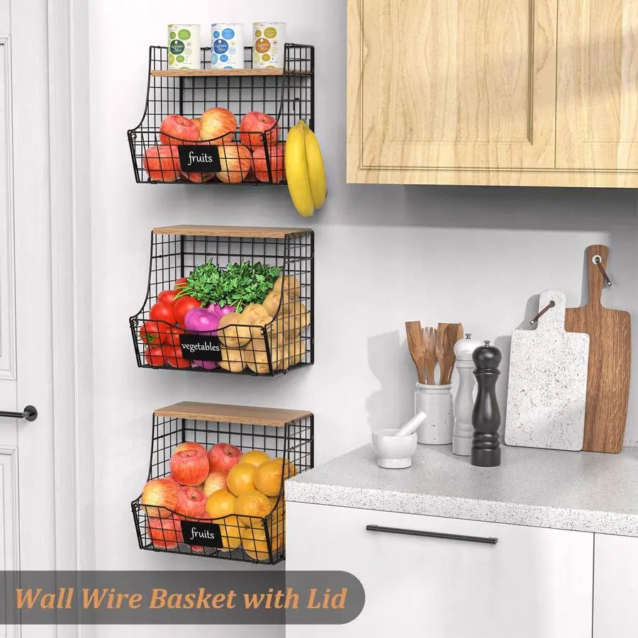 Stackable Metal Wire Produce Baskets Wall-Mount Fruit Vegetable Organizer