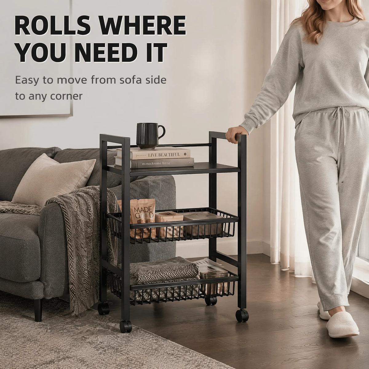 3-Tier Rolling Storage Cart with Wheels, Mobile Utility Organizer with Flat Top Shelf &amp; 2 Wire Baskets, Metal Kitchen, Bathroom &amp; Laundry Cart
