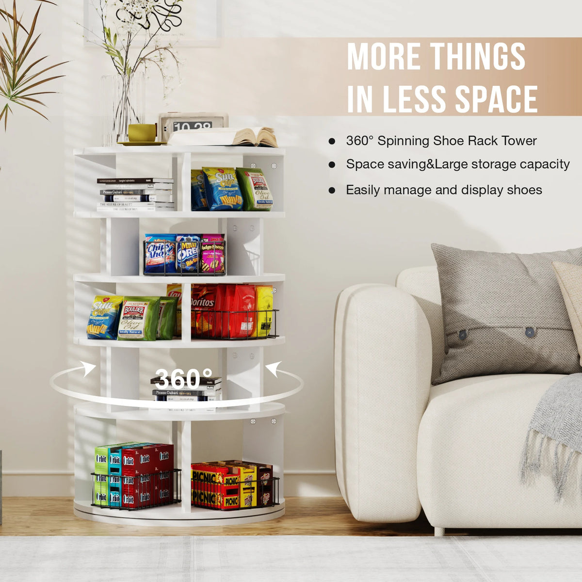 Rotating Shoe Tower 5 Tier Holds 24 Pairs for Closet Entryway (White)