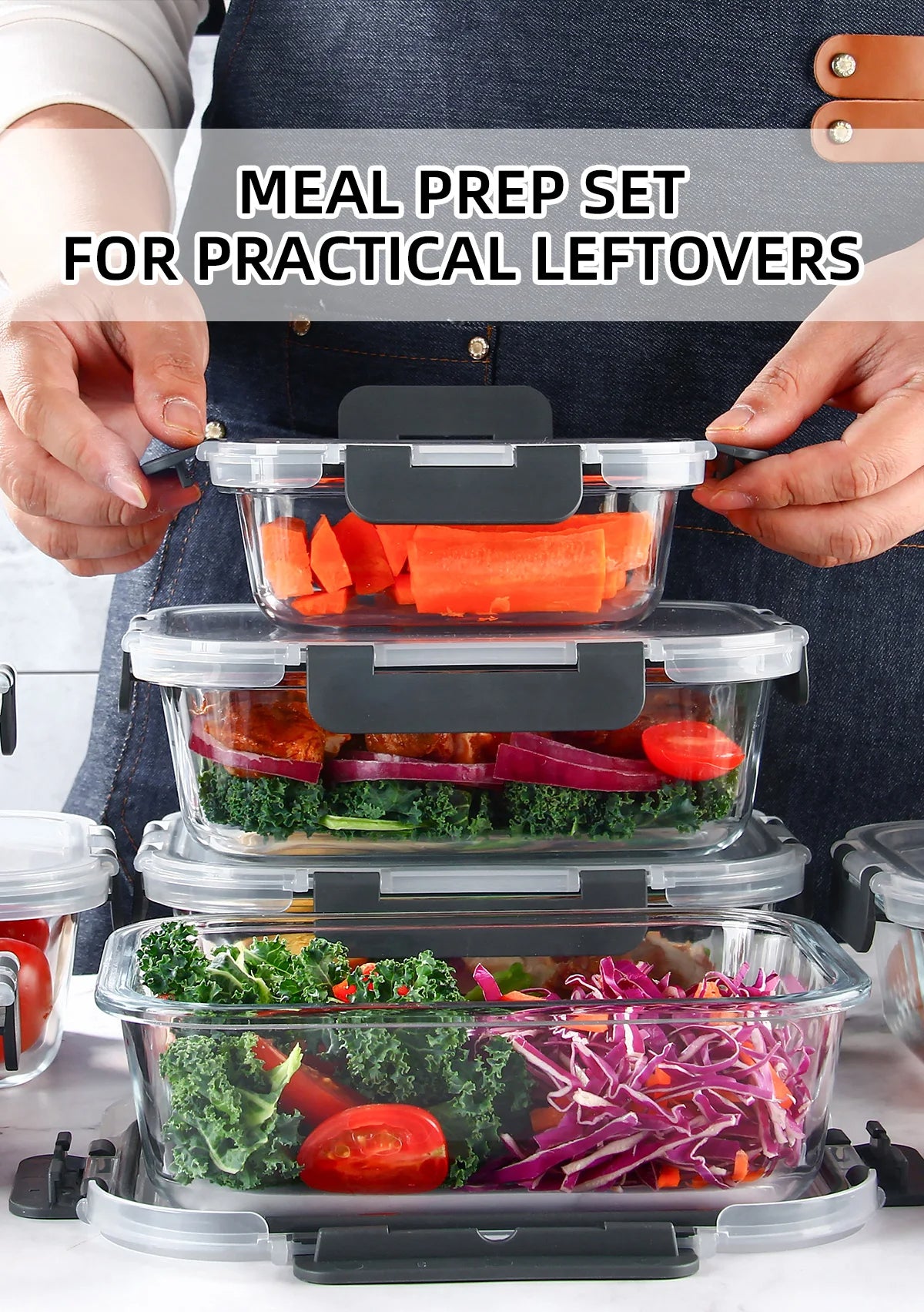 Glass Food Storage Containers Set 8-Piece Leakproof BPA-Free Microwave Oven Safe (Gray)