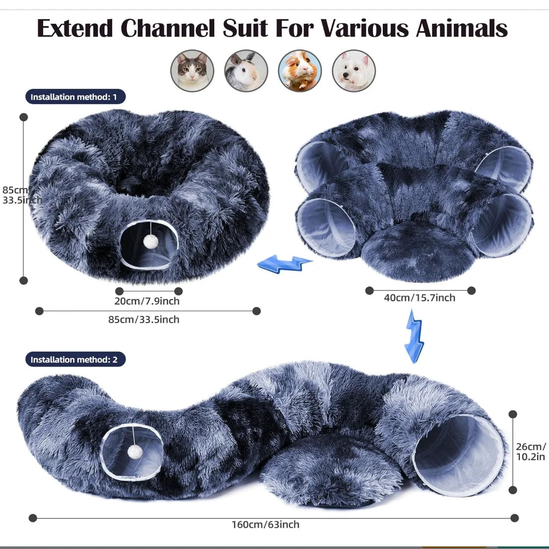 Plush Cat Tunnel Bed The Ultimate 3-in-1 Cat Accessory (Gray)