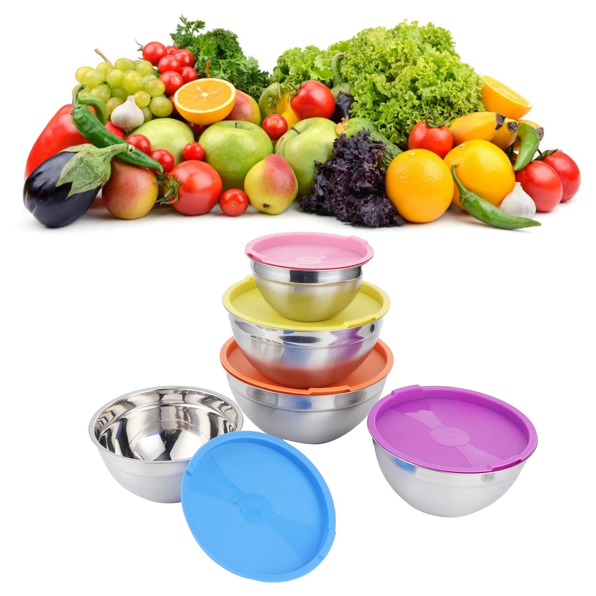 Food Storage Bowls 5-Piece Stainless Steel Set with Lids