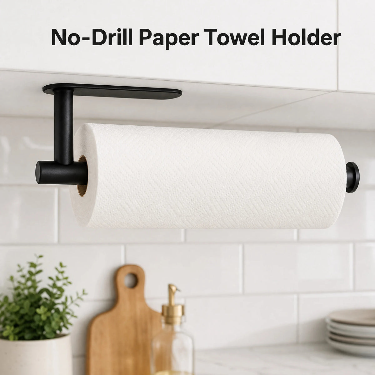 Paper Towel Holder, Strong Adhesive Wall Mount &amp; Countertop Kitchen Organizer, Adjustable Paper Towel Rack, Rust-Resistant Space-Saving Storage (Black)