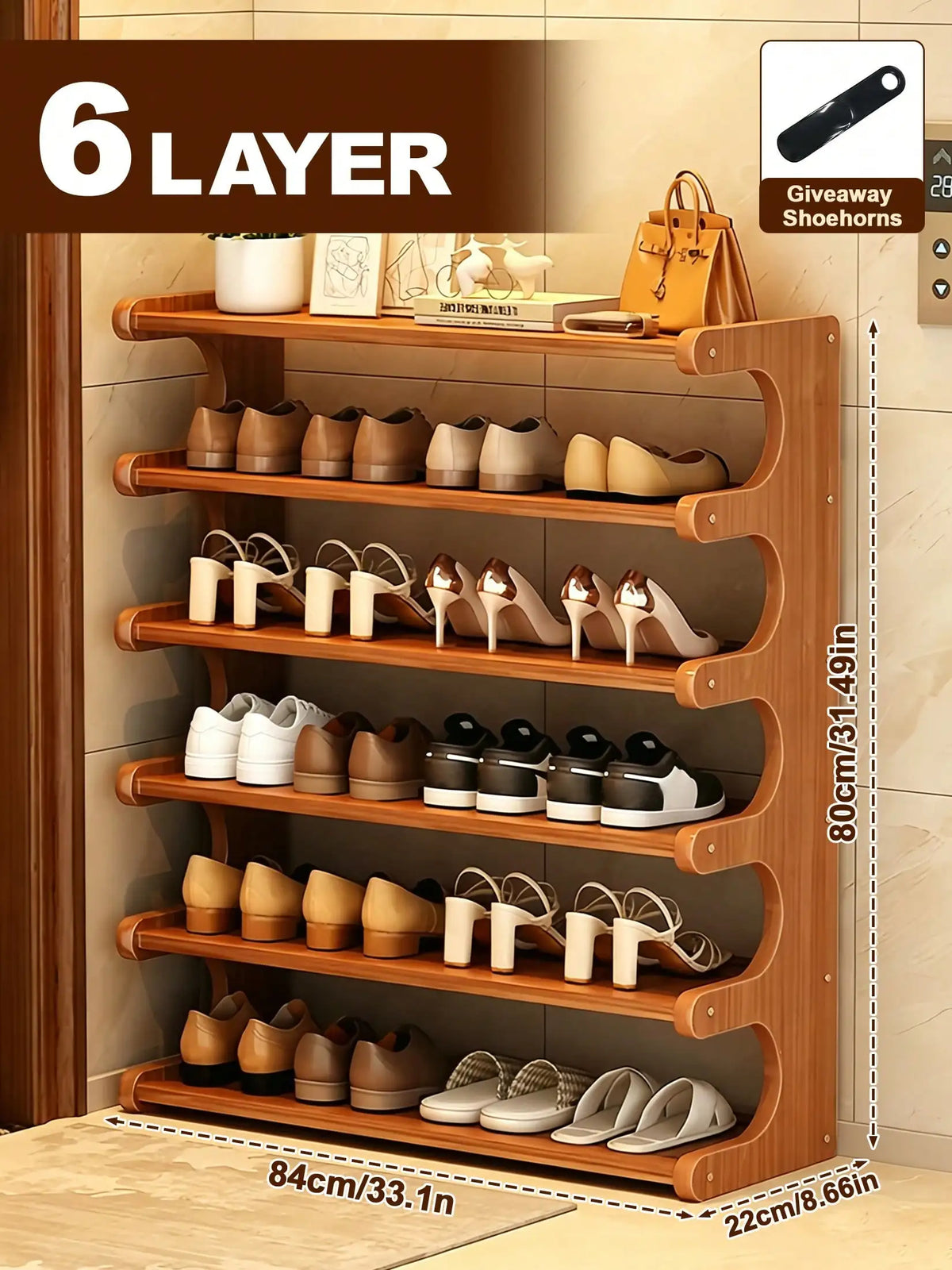 6-Tier Bamboo Shoe Rack – Space-Saving Freestanding Shoe Organizer Shelf with Elegant Arc Design for Closet, Entryway &amp; Home Storage
