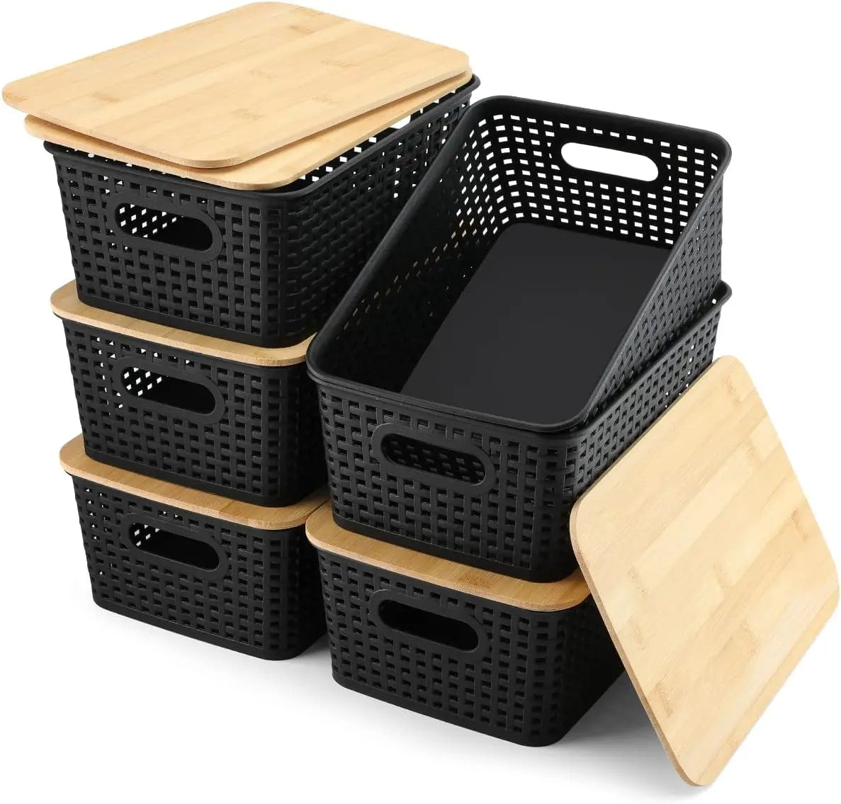 Plastic Storage Bins with Bamboo Lids 6PCS for Kitchen Room Bedroom Organizer