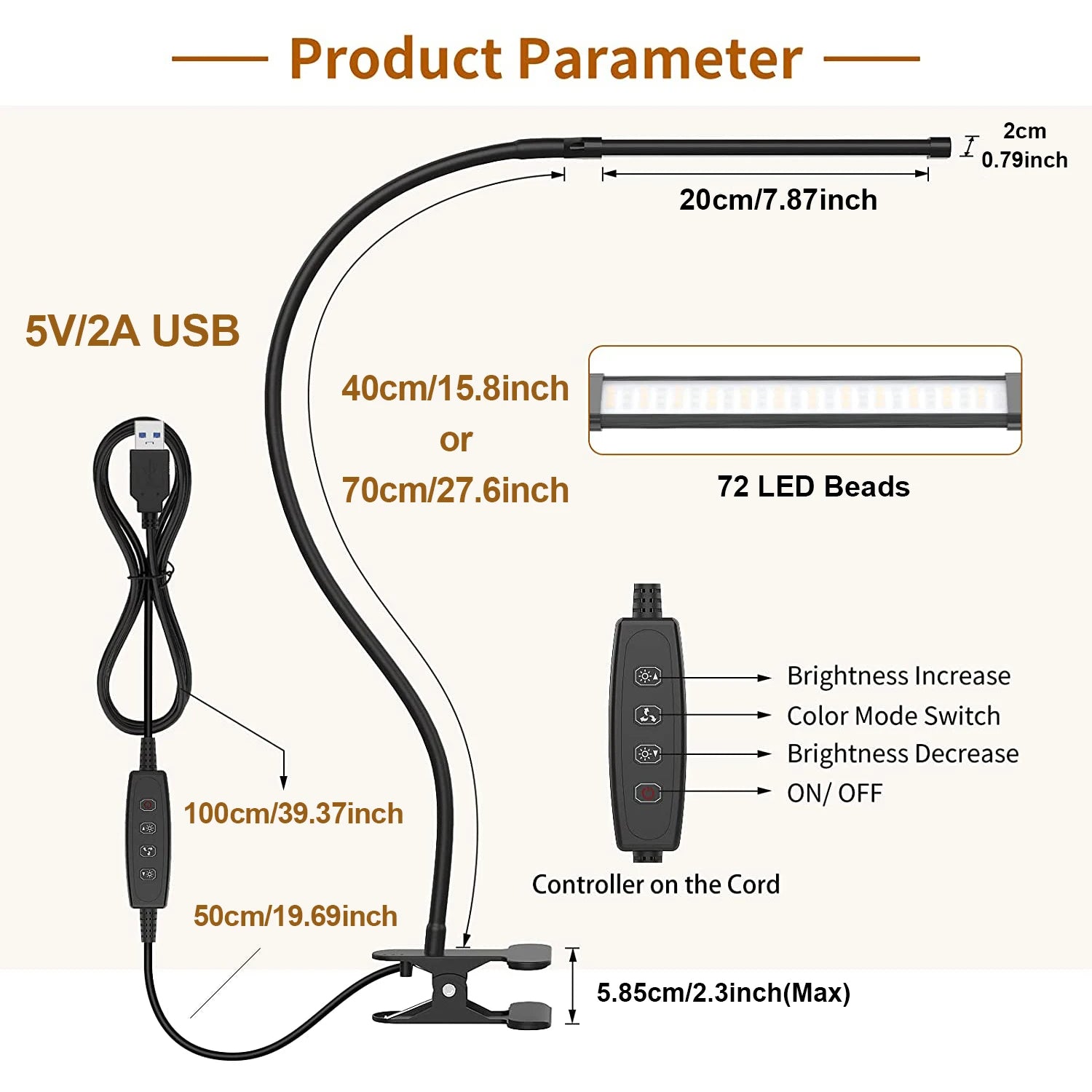 Dimmable Clip-On Reading Light with 10 Brightness Levels 3 Lighting Modes (40Cm)