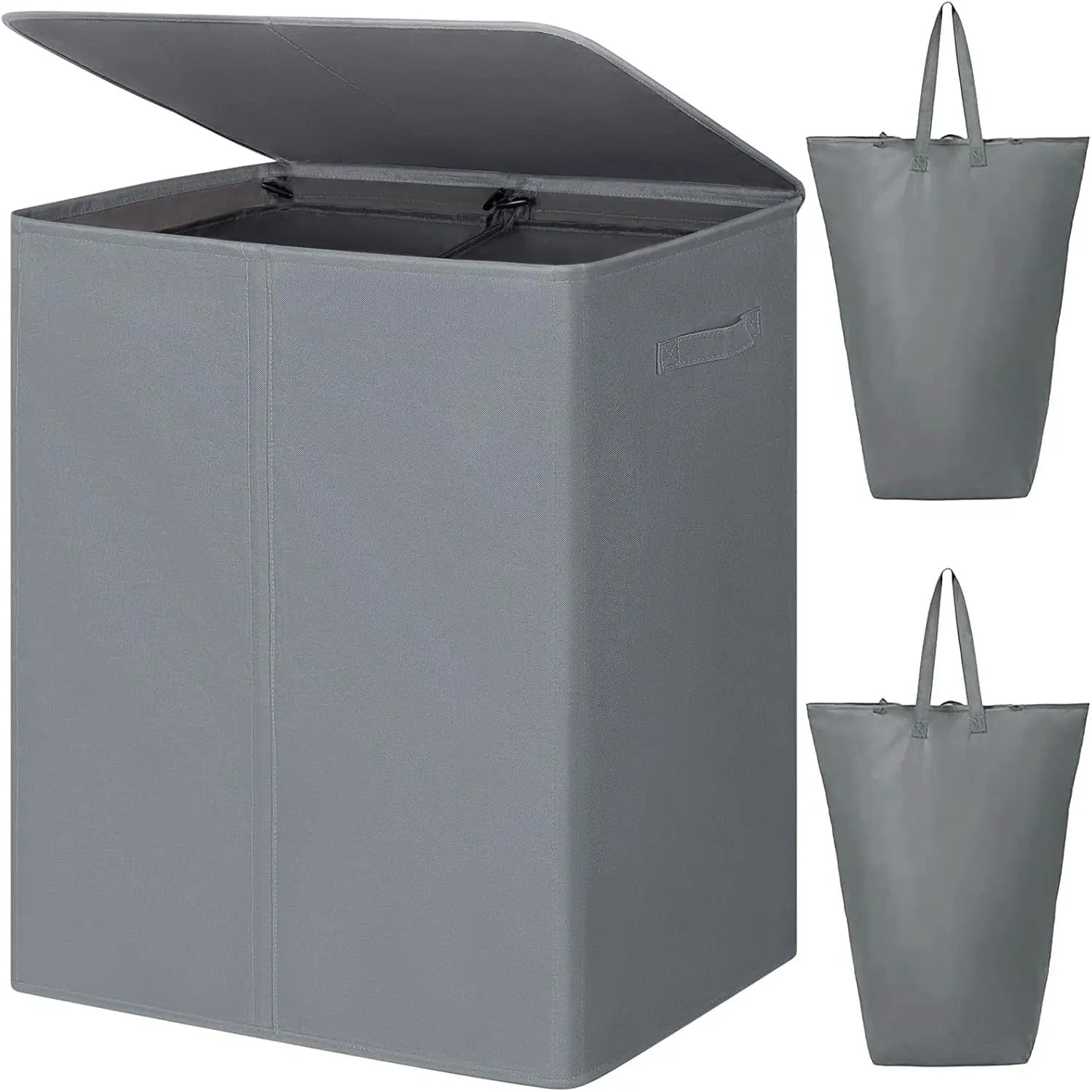 Collapsible Double Laundry Hamper 180L with Lid and Bags (Gray)